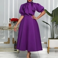 Elegant dark purple midi dress with a large bow neckline and puff sleeves for party events - S / Purple