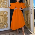 Elegant bright orange evening dress with double ruffle sleeves and asymmetric hemline - S / Orange
