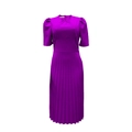 Vestido plisado morado oscuro con mangas abullonadas y elegante cuello redondo - S / Morado