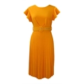 Detail of orange pleated midi dress with ruffle sleeves and matching waist belt - S / Orange