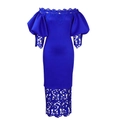 Detailed view of royal blue off-shoulder dress with lace拼接 and lantern sleeves - Blue