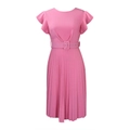 Detailed close-up of pink pleated dress with ruffle sleeves and matching waist belt - S / Pink