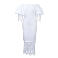 Detail van het witte kant op de pofmouwen en de zoom van de off-shoulder jurk - S / Wit