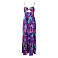 Detail van zomerse maxi-jurk met kleurrijke abstracte print en gelaagde rokstructuur - S / Violet
