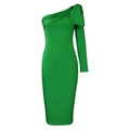 Detailansicht des eleganten grünen One-Shoulder-Bodycon-Kleids mit Schleife und Raffung - S / Grün