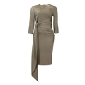 Detail of olive green dress featuring waist pleats and decorative waist tie drapes - S / Gray