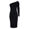 Detailansicht des eleganten Rüschen-Einschulter-Ärmels und Raffungen an diesem schwarzen Kleid - S / Schwarz