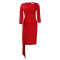 Detail of red long sleeve dress featuring ruched waist and asymmetric hanging sash - S / Red