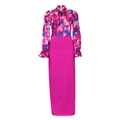 Detail of floral chiffon blouse with bow neck and high waist slim fit maxi skirt set - S / Rose Red