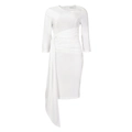 Detail of white slim-fit midi dress with asymmetrical neckline and waist pleat tie - S / White