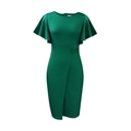 Detail of dark green dress with ruffle sleeves, decorative buttons and slit hemline - S / Dark Green