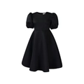Elegante vestido negro de línea A con mangas abullonadas, cintura alta y cuello redondo - S / Negro