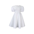 Detalle de un elegante vestido blanco de corte A con mangas abullonadas retro y cuello redondo - S / Blanco