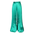 Close-up of high-waist emerald green pleated wide-leg trousers in satin fabric - S / Green