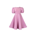 Detail of puffed sleeves and high-waist A-line silhouette on pink girls' dress - S / Lotus root pink