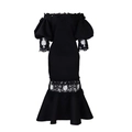 Detail of off-the-shoulder black dress with puff sleeves and lace hem mermaid skirt - S / Black
