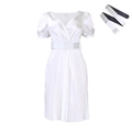White satin short sleeve dress with deep V-neck, pleated skirt and matching belt - S / White