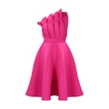 Detail van de fuchsia jurk met één schouder, geplooid lijfje en elegante A-lijn silhouet - S / Rozerood