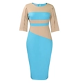Detail of blue and beige bodycon dress featuring geometric contrast stitching and mid-sleeves - S / Lake Blue