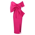 Detail eines eleganten magentafarbenen Partykleids mit großer Schleife und Seitenschlitz - S / Rosarot