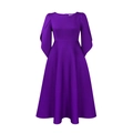 Detailed view of elegant purple dress showing double-layered bell sleeves and waist design - S / Dresses / Purple