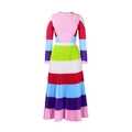 Close-up of colorful pleated dress with multicolor stripes and detailed vertical pleats - Pink