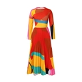 Close-up of vibrant abstract geometric print and fine pleats on the long-sleeve dress - Brown