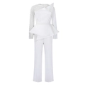 Détail du combipantalon blanc avec manche en résille, perles et volants sculpturaux - S / Blanc