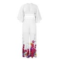 Detail von weißem V-Ausschnitt Chiffon-Oberteil und weiten Hosen mit Blumenmuster - S / Weiß