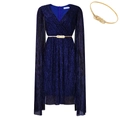 Sparkly dark blue V-neck cape dress with elegant gold waist belt and glitter fabric - Dark Blue