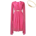 Elegante abito rosa acceso con scollo a V, maniche a mantella e cintura dorata da sera - S / rosa acceso