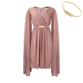 Pink glitter V-neck cape sleeve dress with a metallic gold waist belt set for women - Rose Gold