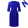 Elegantes königsblaues Midikleid mit V-Ausschnitt, Plissee-Rock und Taillenschleife - S / Blau