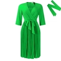 Elegantes hellgrünes Midikleid mit V-Ausschnitt, Plisseefalten und Bindegürtel - S / Grün