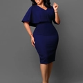 Detail of navy blue cape sleeve pencil dress showing V-neckline and textured fabric finish - S / Dark Blue