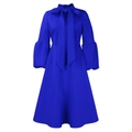 Detail of royal blue lantern sleeve dress featuring bow tie neckline and high waist line - S / Blue