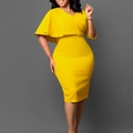Detail of bright yellow midi pencil dress featuring elegant cape ruffled neckline texture - S / Yellow