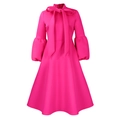 Detail of rose red dress with bow tie stand collar and stylish lantern sleeves - S / Rose Red