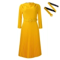 Elegant bright yellow long sleeve pleated dress with matching round buckle waist belt - Yellow