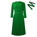 Elegant emerald green pleated long-sleeve dress with matching belt and round neckline - Green