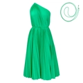 Detail of emerald green one-shoulder pleated dress with waist belt and accordion fabric - S / Green