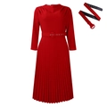 Elegant red long sleeve pleated dress for women featuring a matching buckled waist belt - Red