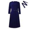 Elegant navy blue long sleeve pleated dress with matching round buckle belt for women - Dark Blue