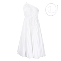 Detail of white one-shoulder pleated dress featuring adjustable drawstring and gold beads - S / White