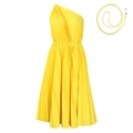 Detail of yellow one-shoulder pleated dress with fine texture and slim waist tie - S / Yellow