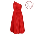 Detail of red one-shoulder pleated dress with adjustable slim waist belt accessory - S / Red