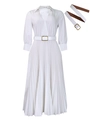 Detail view of white pleated maxi dress featuring a gold buckle belt and lantern sleeves - S / White