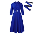Elegant royal blue midi dress with lapel collar, matching belted waist and A-line skirt - S / Blue