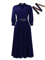 Detail of dark blue pleated maxi dress with V-neckline and gold buckle waist belt - S / Dark Blue