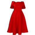 Detail of red cape sleeve evening dress with fitted waist and elegant A-line pleated skirt - S / Red